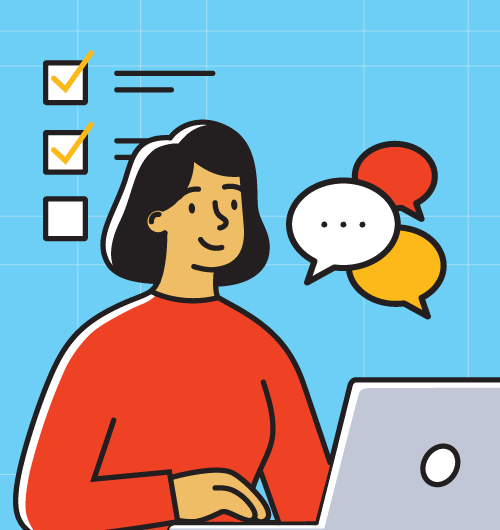 Interactive Learning Options - Proposal Development Training graphic of woman with laptop and conversation bubbles